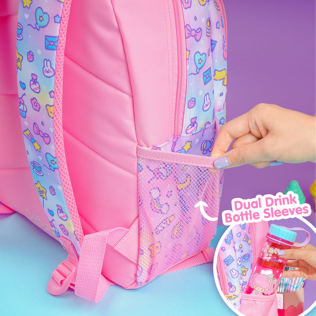 Woman showing a bottle sleeve of a kawaii backpack for girls.