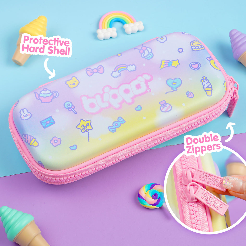 Pink cute pencil case for girls with handy pens slots, mesh pocket and kawaii design.