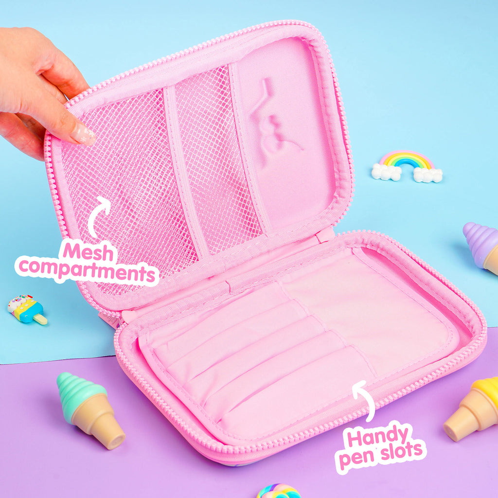 Woman opening a pink kawaii pencil case for girls with cute pencil pouch designs for kids.