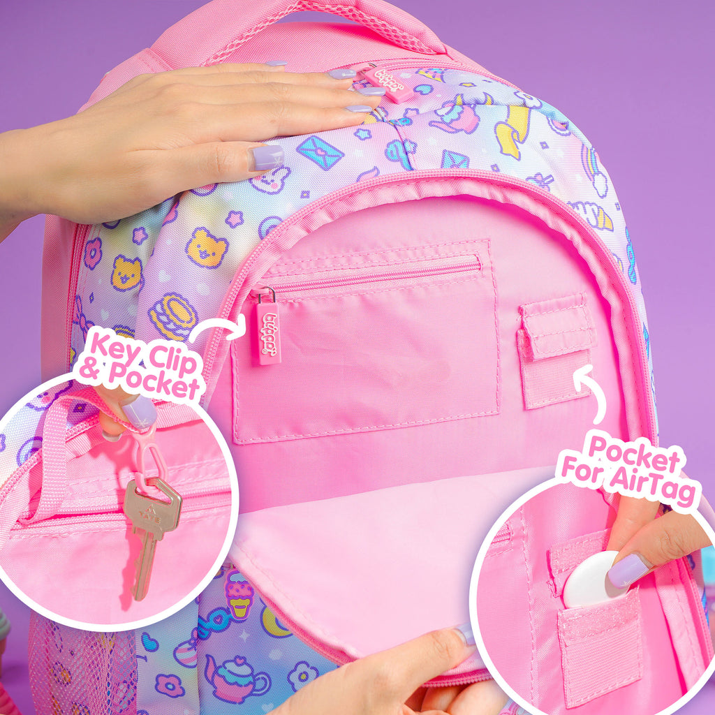 Woman opening a cute girls’ backpack for school. Featuring pink kawaii designs, a key pocket and a pocket for AirTag.