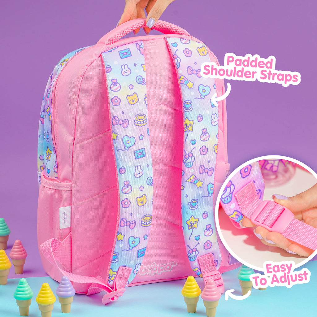 Woman showing the features of a kawaii backpack for girls.