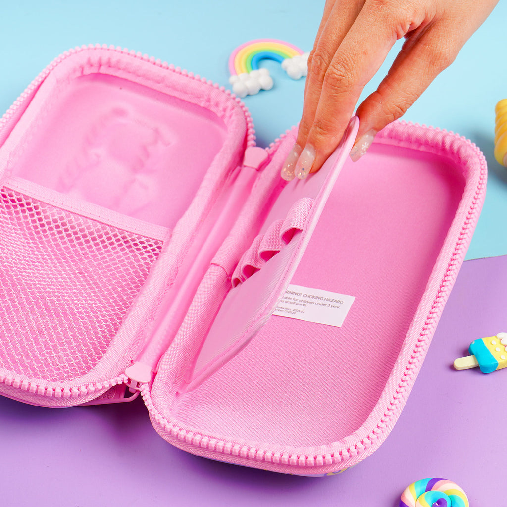 Woman opening a cute pink pencil case for kids.