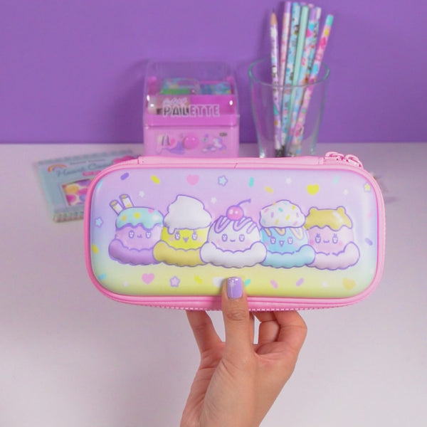 Pink cute pencil case for girls with handy pens slots, mesh pocket and kawaii design.