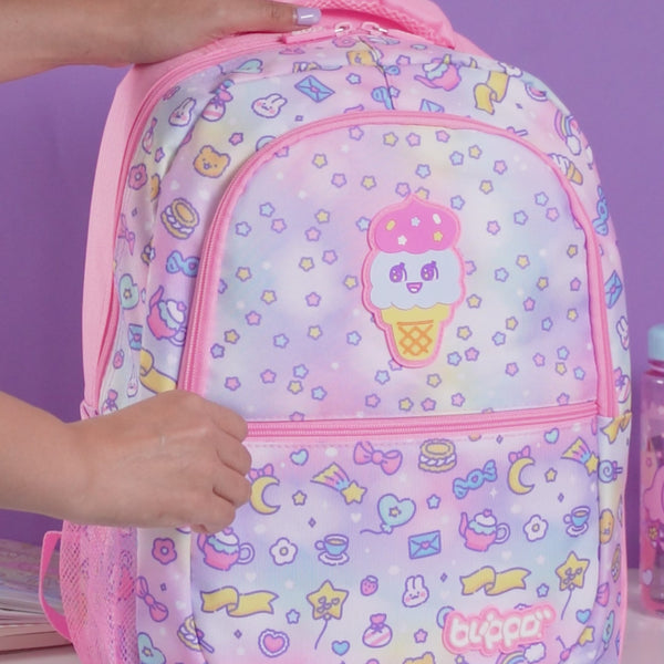 Kawaii backpack for girls & school. Pink cute design with three compartments.